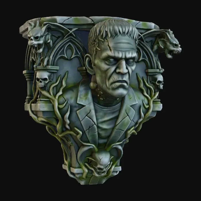 3D model for eine  Gotische Fantasie Frankenstein Stein Figur sehr hoch Detaillier als Kerzenhalter die an die Wand gehangen werden kann. In den Kerzenhalter befindet sich keine Kerze.