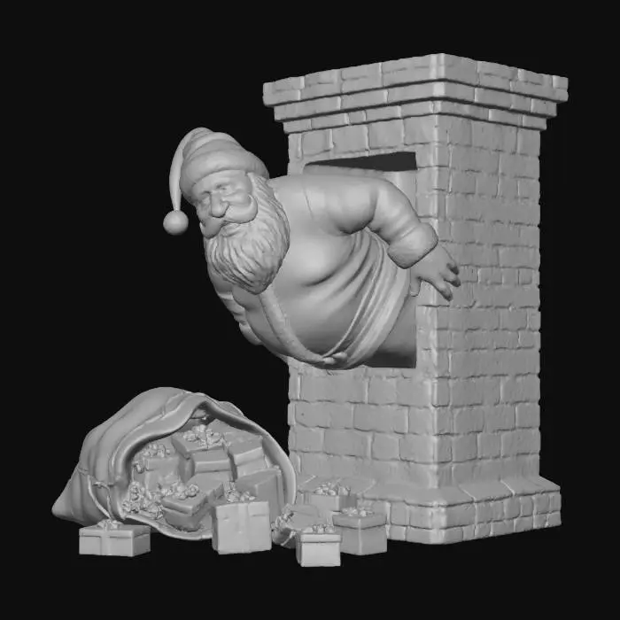 3D model for ein Weihnachtsmann steckt mit seinem Körper in einem alten Kamin fest. Sein großer Geschenkesack liegt vor ihm auf dem Boden und die Geschenke sind alle auf dem Boden verteilt.