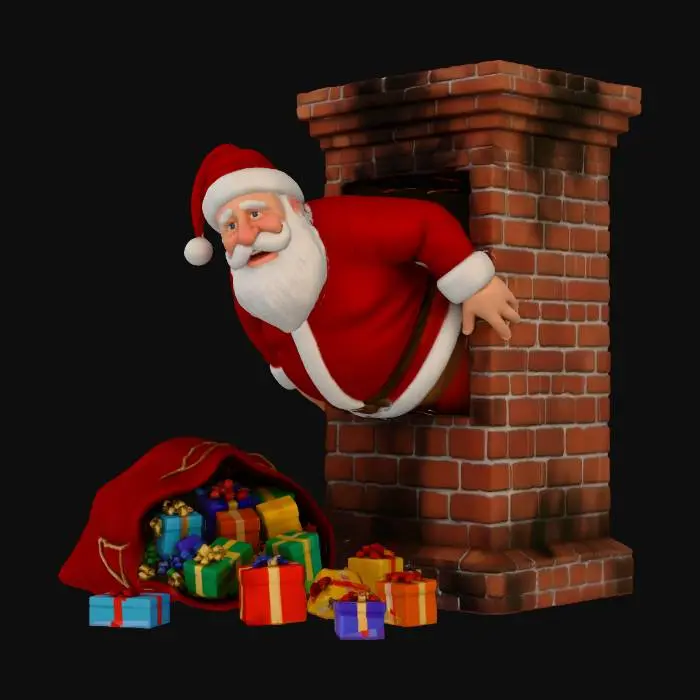 3D model for ein Weihnachtsmann steckt mit seinem Körper in einem alten Kamin fest. Sein großer Geschenkesack liegt vor ihm auf dem Boden und die Geschenke sind alle auf dem Boden verteilt.