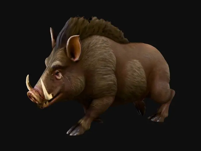 3D model for A formidable wild boar with a thick, powerful build and short, muscular legs. Its hide is covered in coarse, bristly fur, ranging from dark earthy browns to grey-black, with a rough, matted texture. Two large, ivory-colored tusks curve sharply upwards from its broad snout, appearing dense and hard. Its face has a fierce, determined expression with small, beady eyes, and its back displays a prominent ridge of stiffer hair, hinting at a tough, unyielding nature.