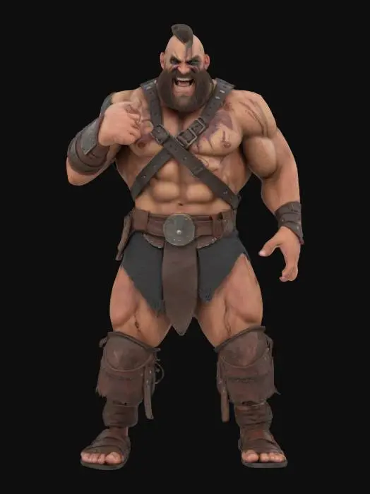 3D model for A full-body 30 years old goliath barbarian muscular body leather clothing. Highly detailed face with full multiple battle scars and an evil smile. His muscles flexed, his arm extended, he punches forward with tremendous force.
Style: masterpiece, 8k resolution, dynamic lighting, hyperdetailed, intricately detailed, photorealistic, photorealism, hyperrealism, ultra quality, 8k, hyper-detailed, photorealism, hyperrealism, figurine fantasy dnd 3D avatar