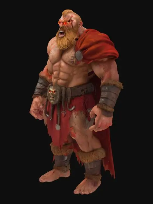 3D model for A powerfully built male goliath warrior with a hulking, muscular physique and glowing orange eyes. His face shows an enraged expression with gritted teeth and prominent red facial scars or markings. He has a long, shaggy blonde beard and unkempt hair. Wearing a tattered, flowing red cloak and rugged brown loincloth, his raw, scarred skin is visible. He is adorned with metallic armbands and a prominent silver belt buckle, his right fist clenched and extended forward in an aggressive, action-ready posture.
Style: masterpiece, 8k resolution, dynamic lighting, hyperdetailed, intricately detailed, photorealistic, photorealism, hyperrealism, ultra quality, 8k, hyper-detailed, photorealism, hyperrealism, figurine fantasy dnd 3D avatar