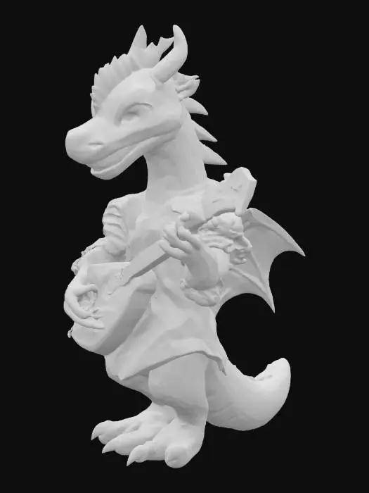 3D model for An anthropomorphic dragonborn character, with vibrant orange-red scaly skin and a spiky crest. Its expression is a happy smirk, with narrowed green eyes and visible sharp teeth. It wears an elaborate red tunic with ruffled, layered sleeves and a white ruffled collar. The tunic features intricate gold embroidery and black patterns on the chest, over a golden undershirt. The character's clawed hands expertly hold and play a light brown wooden mandolin with a dark, decorative soundboard.