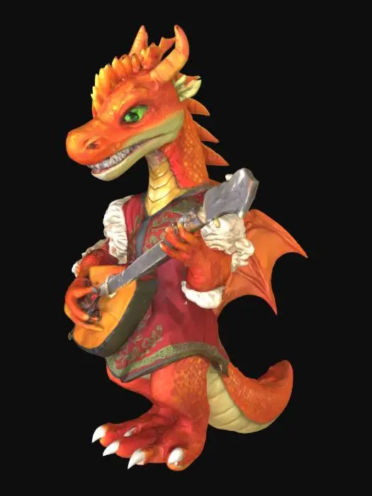 3D model for An anthropomorphic dragonborn character, with vibrant orange-red scaly skin and a spiky crest. Its expression is a happy smirk, with narrowed green eyes and visible sharp teeth. It wears an elaborate red tunic with ruffled, layered sleeves and a white ruffled collar. The tunic features intricate gold embroidery and black patterns on the chest, over a golden undershirt. The character's clawed hands expertly hold and play a light brown wooden mandolin with a dark, decorative soundboard.