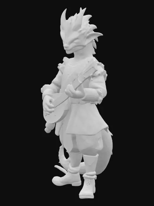 3D model for A male humanoid dragonborn character, with vibrant orange-red scaly skin and a spiky crest. Its expression is a happy smirk, with narrowed green eyes and visible sharp teeth. It wears an elaborate red tunic with ruffled, layered sleeves and a white ruffled collar. The tunic features intricate gold embroidery and black patterns on the chest, over a golden undershirt. The character's clawed hands expertly hold and play a light brown wooden mandolin with a dark, decorative soundboard.