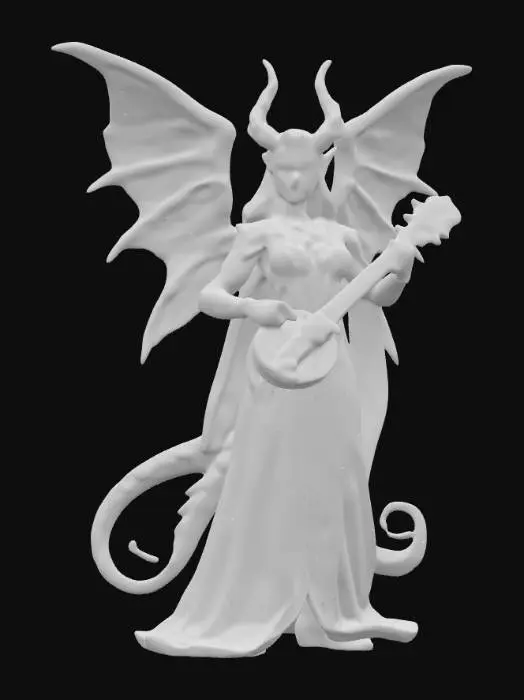 3D model for An aasimar bard wearing a long exquisite set of robes with runes. Full-body. Holding a lute. He has crystal draconic scales and wings. 
Style: masterpiece, 8k resolution, dynamic lighting, hyperdetailed, intricately detailed, photorealistic, photorealism, hyperrealism, ultra quality, 8k, hyper-detailed, photorealism, hyperrealism, figurine fantasy dnd 3D avatar