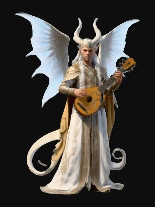 3D model for An aasimar bard wearing a long exquisite set of robes with runes. Full-body. Holding a lute. He has crystal draconic scales and wings. 
Style: masterpiece, 8k resolution, dynamic lighting, hyperdetailed, intricately detailed, photorealistic, photorealism, hyperrealism, ultra quality, 8k, hyper-detailed, photorealism, hyperrealism, figurine fantasy dnd 3D avatar