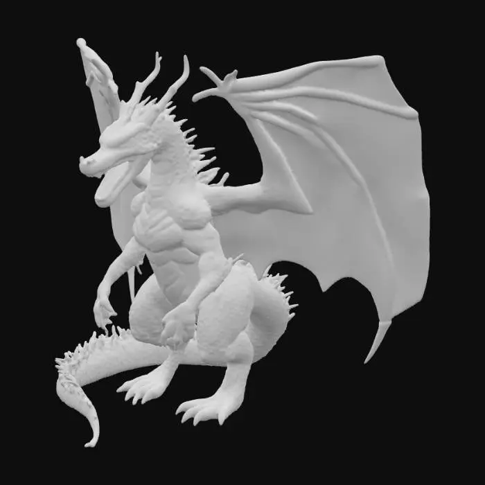 3D model for A colossal, fearsome dragon with dark, rugged scales and immense, leathery wings. Its powerful body is consumed by internal fire, manifesting as glowing orange and red cracks that trace its form and extend across its wings. The dragon's mouth is open in a menacing roar, revealing an fiery glow, and its eyes burn with a radiant intensity. Its massive claws are ready for attack, poised in a powerful, grounded stance, embodying molten fury.