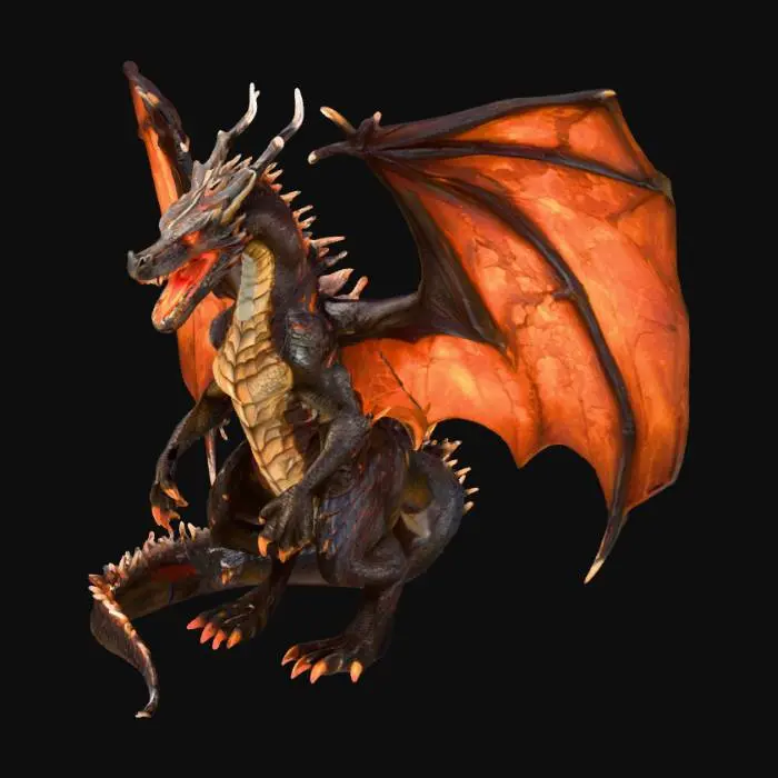 3D model for A colossal, fearsome dragon with dark, rugged scales and immense, leathery wings. Its powerful body is consumed by internal fire, manifesting as glowing orange and red cracks that trace its form and extend across its wings. The dragon's mouth is open in a menacing roar, revealing an fiery glow, and its eyes burn with a radiant intensity. Its massive claws are ready for attack, poised in a powerful, grounded stance, embodying molten fury.