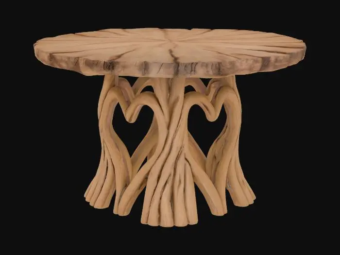 3D model for table , en bois , fait de branches ,sans feuilles,ni feuillage , juste des branches entrelacées,le dossier est en forme de coeur