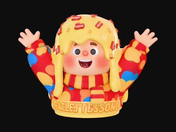 3D model for l'objet une personnage cartoon avec un chapeau fait avec du fromage fondu parsemé de bacon , heureux de feter la saison des raclettes