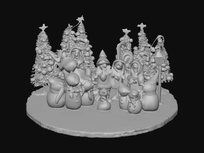3D model for la scene represente une chorale de noel , composée de personnages habillés comme des friandises,certains sont habillés en sapins et d'autres en bonhomme de neige, ils chantent sous un reverbere de reglisse, #Christmas2025#