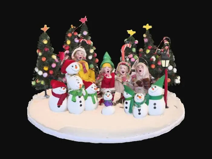 3D model for la scene represente une chorale de noel , composée de personnages habillés comme des friandises,certains sont habillés en sapins et d'autres en bonhomme de neige, ils chantent sous un reverbere de reglisse, #Christmas2025#