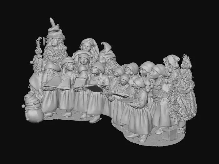 3D model for la scene represente une chorale de noel , composée de personnages habillés comme des friandises,certains sont habillés en sapins et d'autres en bonhomme de neige, ils chantent sous un reverbere de reglisse, #Christmas2025#