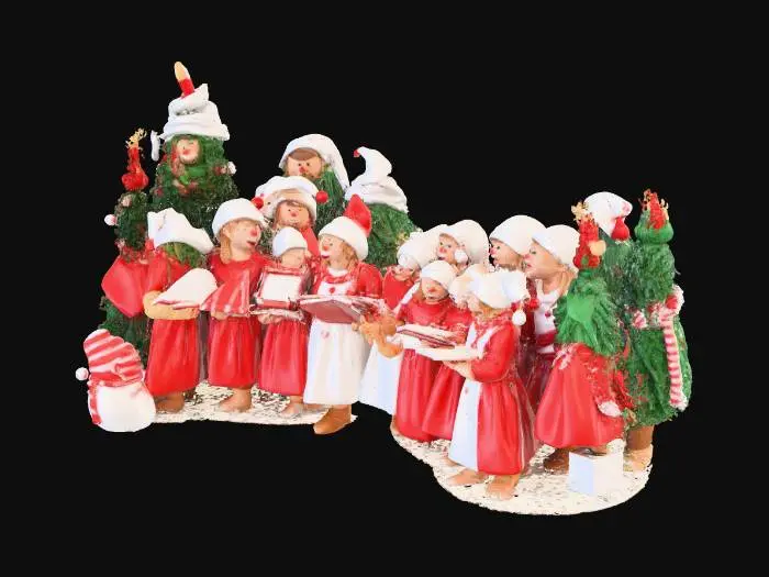 3D model for la scene represente une chorale de noel , composée de personnages habillés comme des friandises,certains sont habillés en sapins et d'autres en bonhomme de neige, ils chantent sous un reverbere de reglisse, #Christmas2025#
