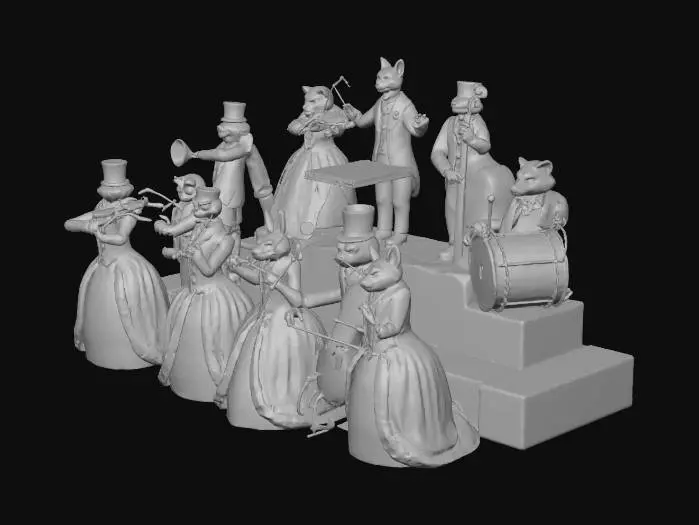 3D model for lascene represente un orchestre de musiciens a l'epoque victorienne , les personnages ont des tetes d'animaux, #Christmas2025#
