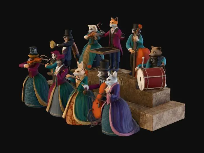 3D model for lascene represente un orchestre de musiciens a l'epoque victorienne , les personnages ont des tetes d'animaux, #Christmas2025#