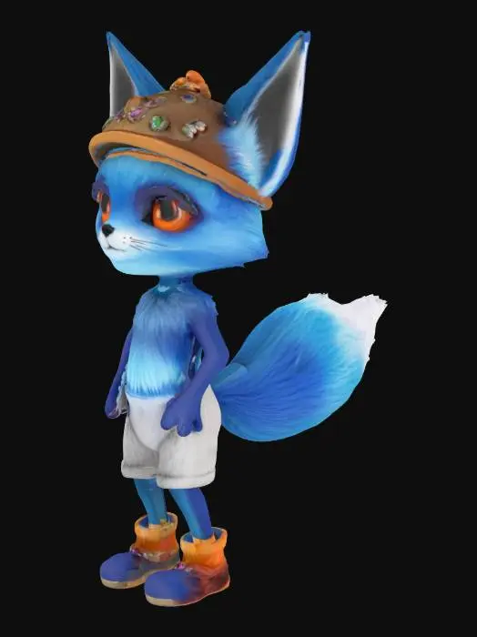 3D model for Fox Sprite,moitié chat,moitié renard , avec la fourure bleueu et une casquette avec des gemmes incrustés