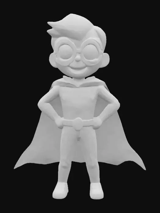 3D model for #emblem#, create an emblematic caracter,halfway between a superhero and an imaginary friend, with beautiful colors reminiscent of stained glass windows