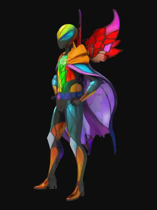 3D model for #emblem#, create an emblematic caracter,halfway between a superhero and an imaginary friend, with beautiful colors reminiscent of stained glass windows