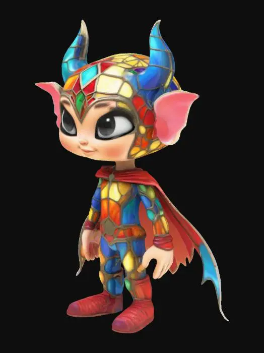 3D model for #emblem#, create an emblematic caracter,halfway between a superhero and an imaginary friend, with beautiful colors reminiscent of stained glass windows