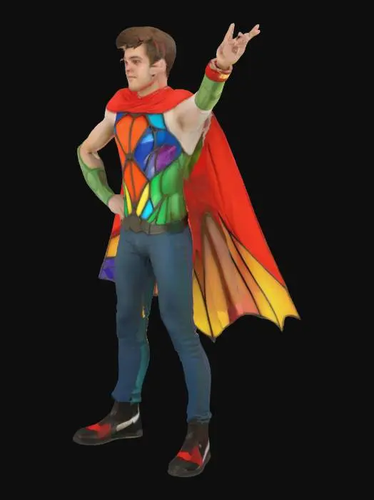 3D model for #emblem#, create an emblematic caracter,halfway between a superhero and an imaginary friend, with beautiful colors reminiscent of stained glass windows