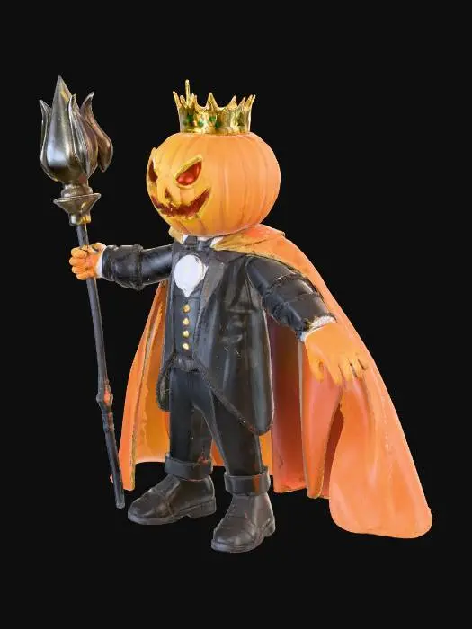 3D model for pumpkin vilain caracter,dressed as a super hero, and wearing a scepter un hand, #villain#