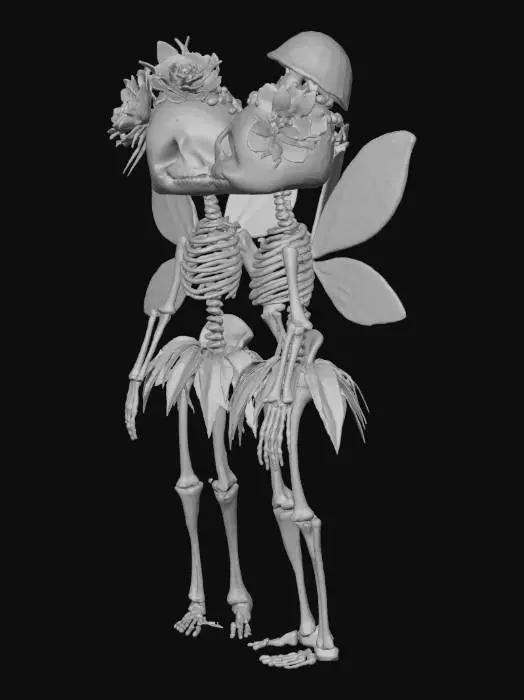 3D model for #Halloween2025#, The object is a whimsical couple of skeleton fairy with delicate, translucent wings, wearing a flower and mushroom crown and a leaf skirt, featuring a smooth, bone-like texture.