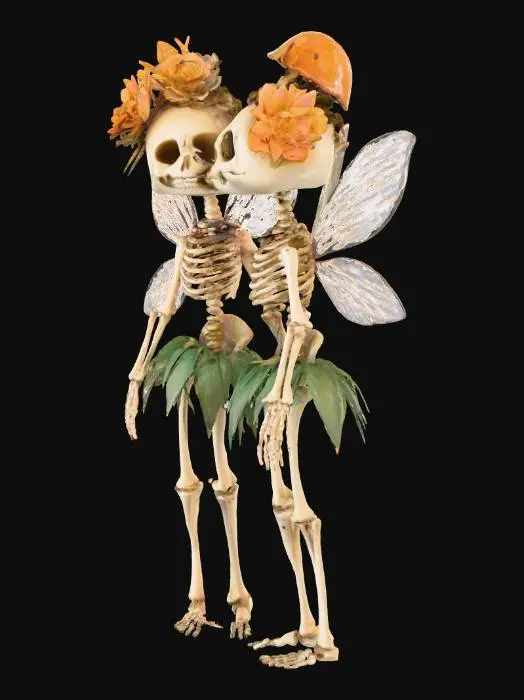 3D model for #Halloween2025#, The object is a whimsical couple of skeleton fairy with delicate, translucent wings, wearing a flower and mushroom crown and a leaf skirt, featuring a smooth, bone-like texture.