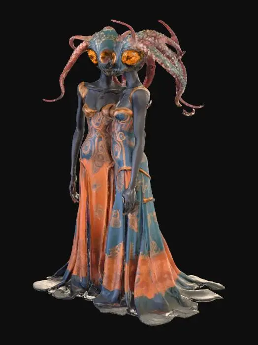 3D model for The object features a dual-headed upper body in ornate dresses with a geometric pattern, merging into multiple octopus-like tentacles as the lower half., #Halloween2025#