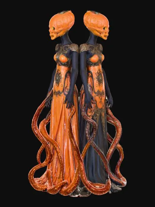 3D model for The object features a dual-headed upper body in ornate dresses with a geometric pattern, merging into multiple octopus-like tentacles as the lower half., #Halloween2025#