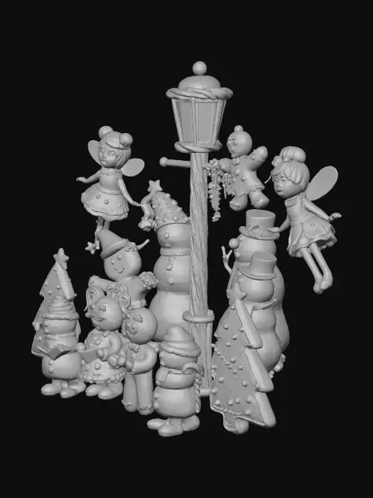 3D model for la scene represente une chorale de noel , composée de personnages habillés comme des friandises,certains sont habillés en sapins et d'autres en bonhomme de neige, ils chantent sous un reverbere de reglisse, #Christmas2025#