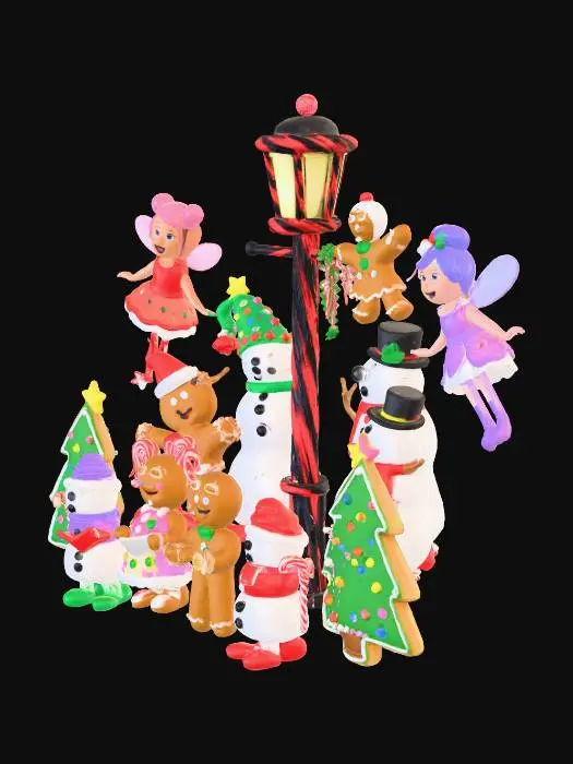 3D model for la scene represente une chorale de noel , composée de personnages habillés comme des friandises,certains sont habillés en sapins et d'autres en bonhomme de neige, ils chantent sous un reverbere de reglisse, #Christmas2025#