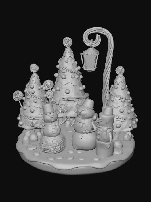 3D model for la scene represente une chorale de noel , composée de personnages habillés comme des friandises,certains sont habillés en sapins et d'autres en bonhomme de neige, ils chantent sous un reverbere de reglisse, #Christmas2025#