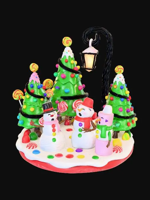 3D model for la scene represente une chorale de noel , composée de personnages habillés comme des friandises,certains sont habillés en sapins et d'autres en bonhomme de neige, ils chantent sous un reverbere de reglisse, #Christmas2025#