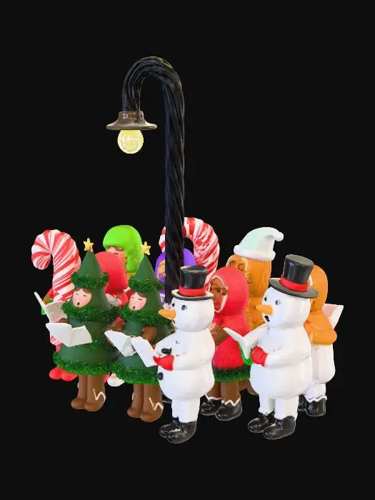 3D model for la scene represente une chorale de noel , composée de personnages habillés comme des friandises,certains sont habillés en sapins et d'autres en bonhomme de neige, ils chantent sous un reverbere de reglisse, #Christmas2025#