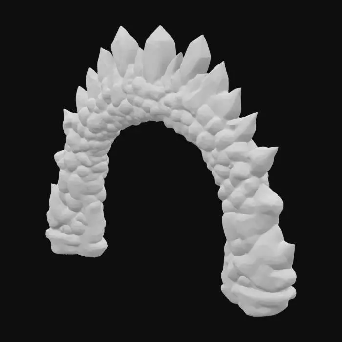 3D model for A formidable archway built from massive, raw chunks of various glowing gemstones, each stone representing a color of the rainbow. Jagged rubies, fiery citrines, vibrant emeralds, deep sapphires, and royal amethysts are expertly fused together. The surfaces are rough and crystalline, feeling cool and hard, intensely sparkling with internal light. This elaborate, chaotic yet majestic structure forms a powerful, raw, and visually overwhelming gateway of natural brilliance., #arch#