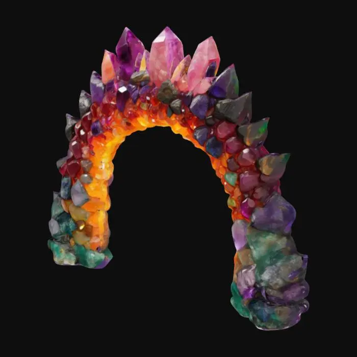 3D model for A formidable archway built from massive, raw chunks of various glowing gemstones, each stone representing a color of the rainbow. Jagged rubies, fiery citrines, vibrant emeralds, deep sapphires, and royal amethysts are expertly fused together. The surfaces are rough and crystalline, feeling cool and hard, intensely sparkling with internal light. This elaborate, chaotic yet majestic structure forms a powerful, raw, and visually overwhelming gateway of natural brilliance., #arch#