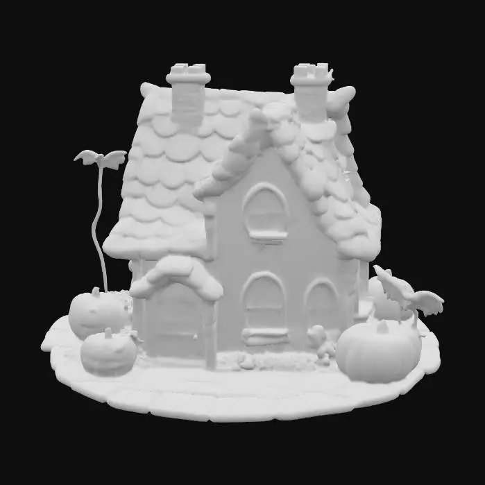 3D model for #halloween#, A Halloween-themed house cake with a fantasy-inspired style, featuring cartoon-like elements against a white background. The cake showcases hyper-realistic details, a 3D rendering, and intricate designs decorated with pumpkins, exuding a whimsical charm. The soft lighting and bright colors create a magical atmosphere with neon circuitry in electric oranges for the window