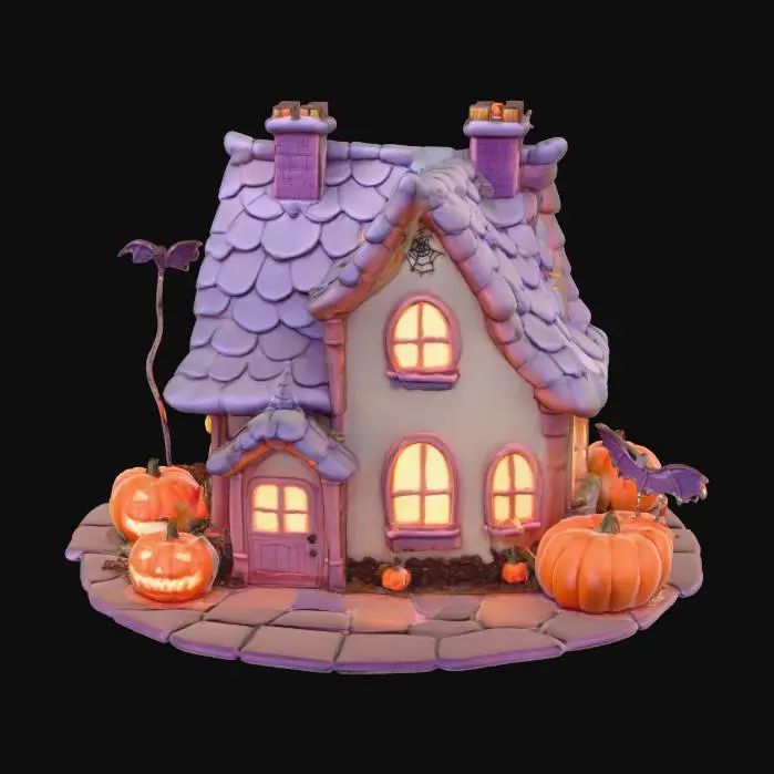 3D model for #halloween#, A Halloween-themed house cake with a fantasy-inspired style, featuring cartoon-like elements against a white background. The cake showcases hyper-realistic details, a 3D rendering, and intricate designs decorated with pumpkins, exuding a whimsical charm. The soft lighting and bright colors create a magical atmosphere with neon circuitry in electric oranges for the window