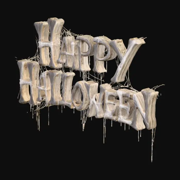 3D model for the word "Happy Halloween" spelled out in bones old dirty with cobwebs, #Halloween2025#