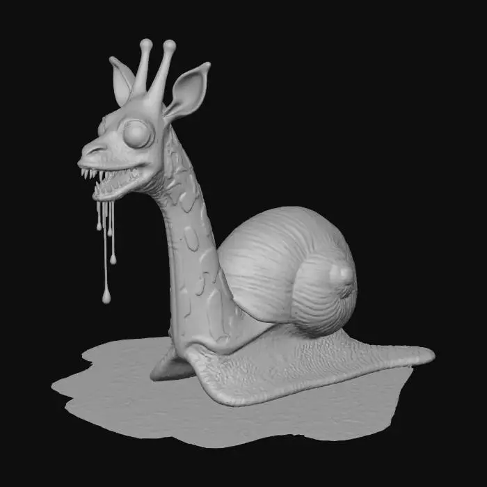 3D model for un escargot zombie avec une tete de giraffe  qui sourit sadiquement,la coquille est cassée de toutes part et il laisse une trainée de bave sanguinolente derriere lui,il y a une pointe d'humour dans le regard de ce grand gaillard ,#Halloween2025#