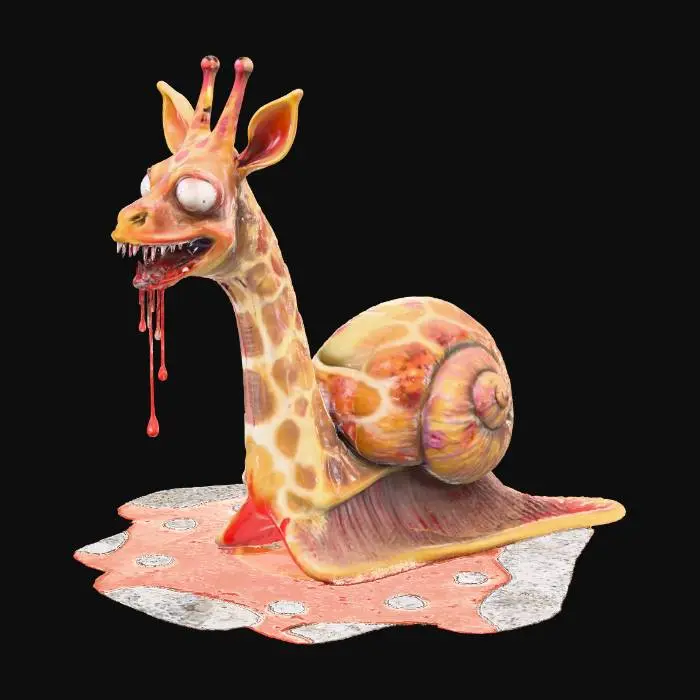 3D model for un escargot zombie avec une tete de giraffe  qui sourit sadiquement,la coquille est cassée de toutes part et il laisse une trainée de bave sanguinolente derriere lui,il y a une pointe d'humour dans le regard de ce grand gaillard ,#Halloween2025#