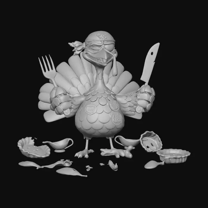 3D model for l'objet est un dindon rebelle cartoon , qui a  une fourchette et un couteau dans chaque mains , il a un sourire narquois et un bandeau de pirate sur la tete, il a survecu a plusieurs thankgiving #Thanksgiving#