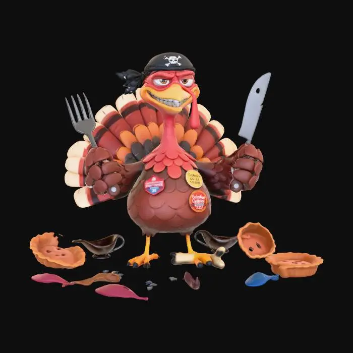 3D model for l'objet est un dindon rebelle cartoon , qui a  une fourchette et un couteau dans chaque mains , il a un sourire narquois et un bandeau de pirate sur la tete, il a survecu a plusieurs thankgiving #Thanksgiving#