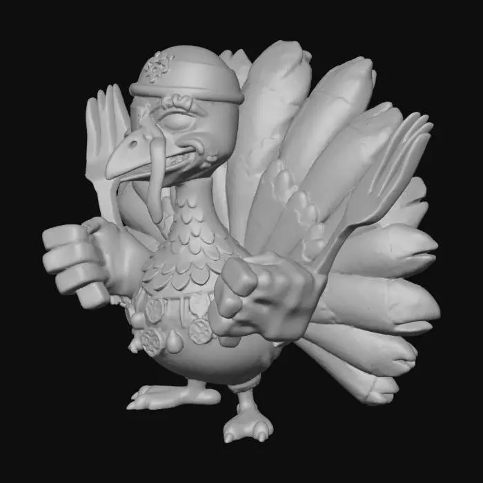 3D model for l'objet est un dindon rebelle cartoon , qui a  une fourchette et un couteau dans chaque mains , il a un sourire narquois et un bandeau de pirate sur la tete, il a survecu a plusieurs thankgiving #Thanksgiving#