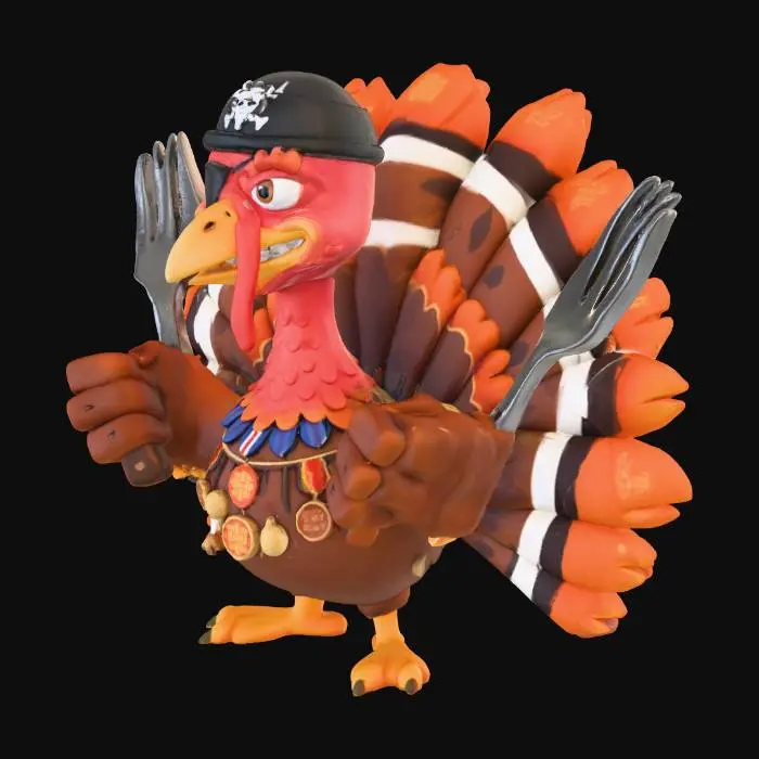 3D model for l'objet est un dindon rebelle cartoon , qui a  une fourchette et un couteau dans chaque mains , il a un sourire narquois et un bandeau de pirate sur la tete, il a survecu a plusieurs thankgiving #Thanksgiving#