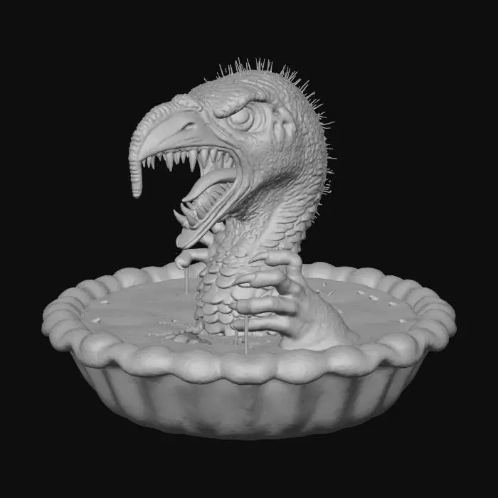 3D model for #Thanksgiving#, l'objet est une tarte a la courge de thankgiving d'ou sort la tete d'un dindon enragé avec des dents pointues et des griffes ensanglantées