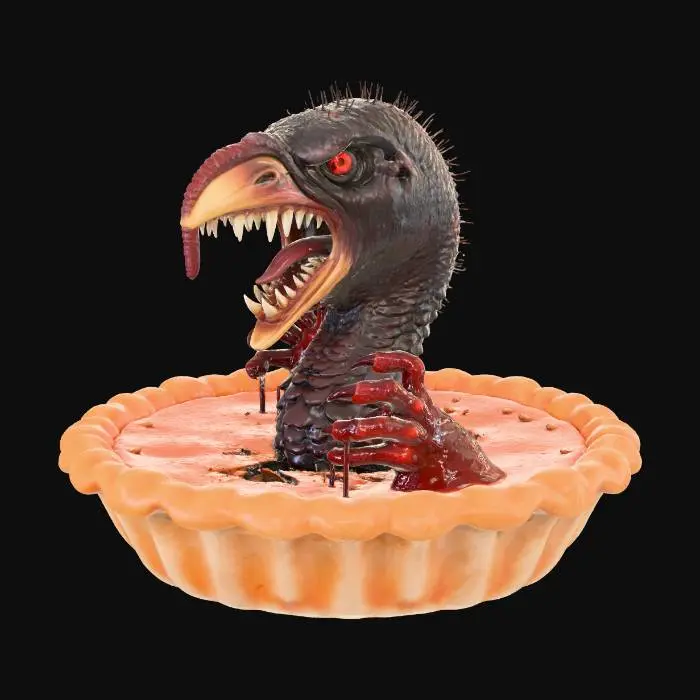 3D model for #Thanksgiving#, l'objet est une tarte a la courge de thankgiving d'ou sort la tete d'un dindon enragé avec des dents pointues et des griffes ensanglantées