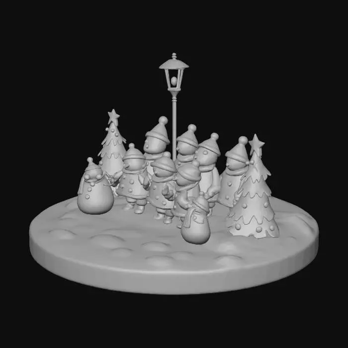 3D model for la scene represente une chorale de noel , composée de personnages habillés comme des friandises,certains sont habillés en sapins et d'autres en bonhomme de neige, ils chantent sous un reverbere de reglisse, #Christmas2025#